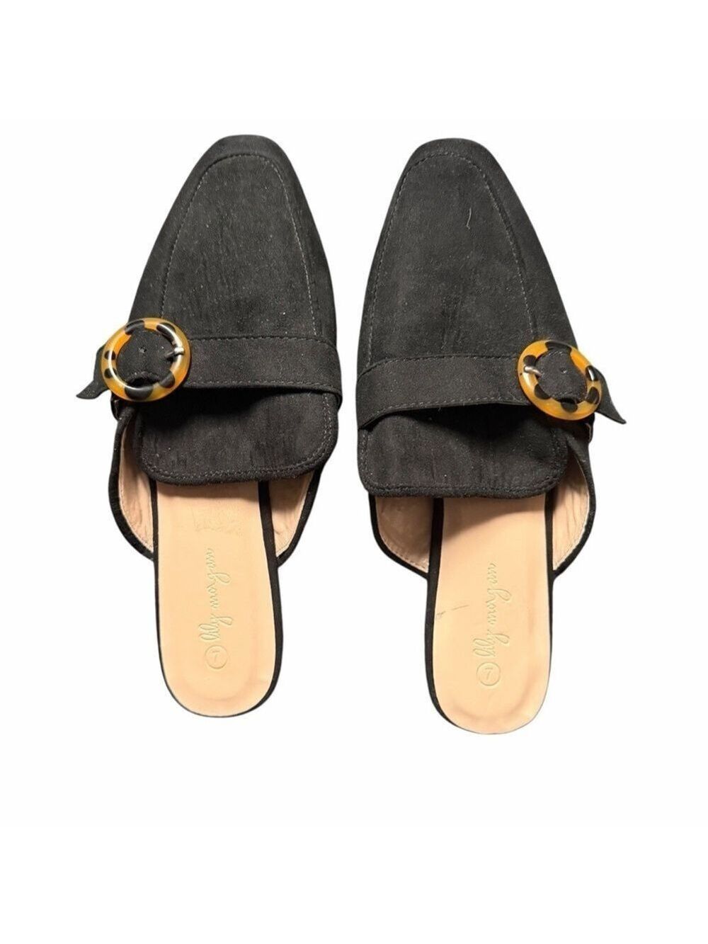 Lily Morgan Black Faux Suede Mules Slides with Tortoise Buckle Size 7